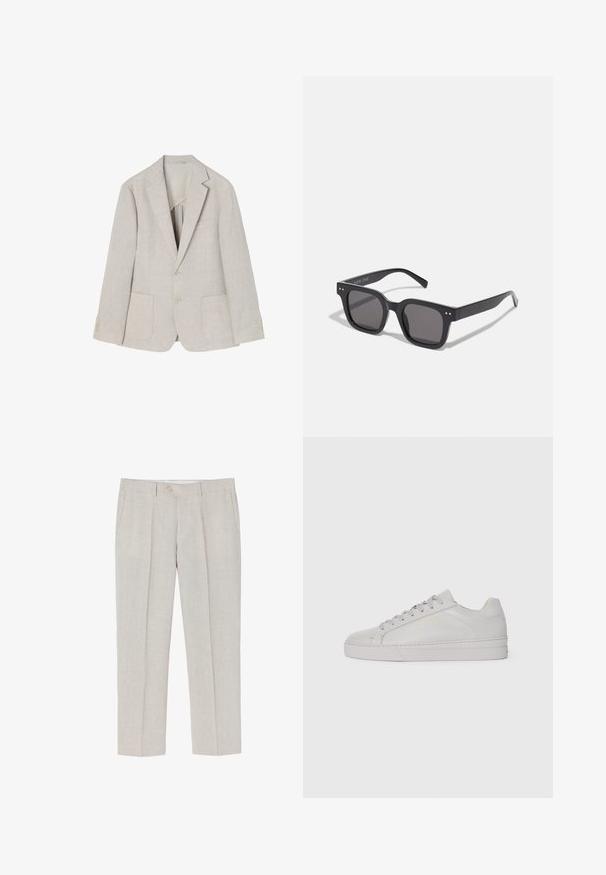 Svetlo béžový ľanový blazer s rôznymi klopami, dvoma prednými vreckami, dvojitým zapínaním na gombíky a štyrmi gombíkmi na rukávoch.; Biela košeľa s dlhým rukávom vyrobená z hladkej tkaniny, s predným zapínaním na gombíky, klasickým golierom a rovnom spodným lemom so zaoblenými stranami.; Svetlo béžové ľanové nohavice s rovnými nohavicami, jemnou textúrou, dvoma prednými vreckami a jedným gombíkom na zapínanie v páse.; Svetlo šedé kožené tenisky s hladkým povrchom, zaoblenou špičkou, plochou gumovou podrážkou a tonálnymi šnúrkami. Obsahujú minimálne brandovanie v zlate.; Čierne obdĺžnikové slnečné okuliare s tmavými sklami, s hrubým rámom, jemnými akcentmi na stranách a bez viditeľných log, okrem názvu značky.
