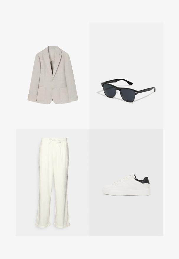 Jasno beżowa lniana marynarka z klapami, dwoma przednimi kieszeniami, zapięciem na dwa guziki oraz czterema guzikami na rękawach.; Dwie koszule z długim rękawem: jedna w białym materiale, a druga w beżowym z cienkimi pionowymi paskami. Obie mają kołnierzyki zapinane na guziki oraz mankiety.; Lnianowe spodnie w kolorze złamanej bieli z elastycznym paskiem w talii, lekko szerokimi nogawkami i podwiniętymi mankietami dla swobodnego wyglądu. Bez kieszeni.; Białe skórzane sneakersy z tłoczonym wzorem, teksturowaną białą podeszwą środkową oraz czarnym akcentem na pięcie. Posiadają zaokrąglony nosek i płaskie sznurowadła.; Czarne okulary przeciwsłoneczne o prostokątnym kształcie, ciemnych soczewkach, srebrnych akcentach na zausznikach oraz matowym wykończeniu oprawki.; Srebrny metalowy zegarek na rękę z kwadratową tarczą, białą powierzchnią, rzymskimi cyframi i srebrną bransoletą. Posiada wodoodporną konstrukcję.