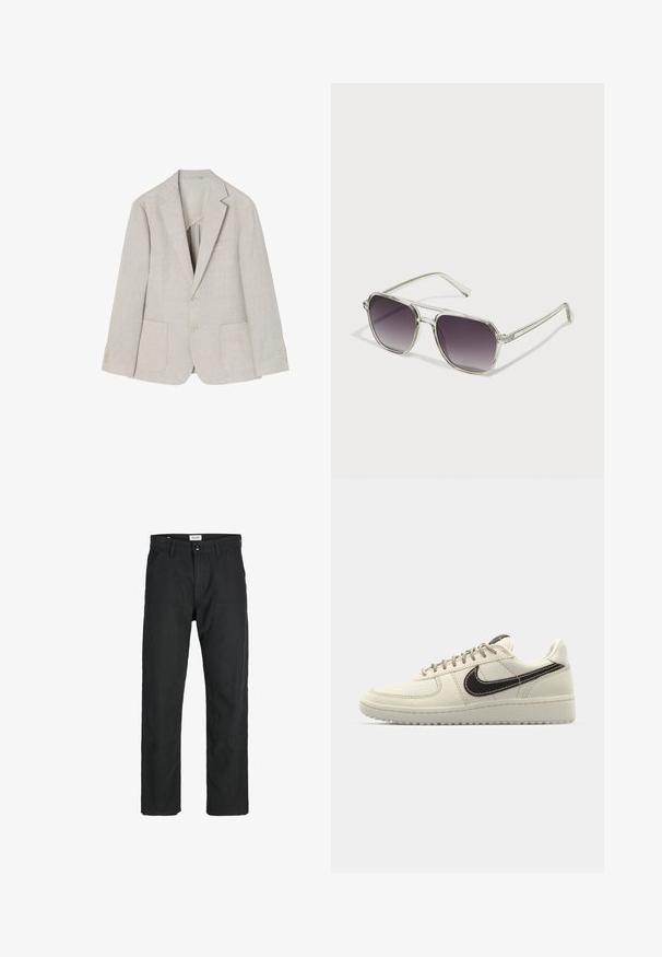 Svetlo bež laneni sako z izrezanim ovratnikom, dvema sprednjima žepoma, zapiranjem na dva gumba in štirimi gumbi na rokavih.; PULL&BEAR JOIN LIFE - Navadna majica - black; Črne hlače iz trpežnega materiala, s krojem naravnih nog, našitki ter dvema sprednjima žepoma za funkcionalnost.; Beige usnjeni športniki z belo gumijasto podlogo, ki imajo temno rjavo odbojnico, šivane detajle in sivo vezalke.; Sončna očala s prozornim okvirom kvadratne oblike in gradientnimi sivočrnimi lečami. Tanke srebrne podrobnosti na ročajih dodajajo pridih elegance.