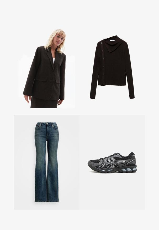 Blazer marrone con texture, colletto a rever, due tasche frontali e due bottoni. Vestibilità morbida con maniche leggermente sovradimensionate.; Maglione marrone lavorato a maglia con un design a collo alto, caratterizzato da una chiusura laterale con bottoni e maniche lunghe. Il tessuto appare morbido e texturizzato.; Jeans in denim blu a zampa d'elefante con vita alta, dotati di cinque tasche e dettagli di cucitura. Il tessuto presenta una classica texture sbiadita.; Scarpa sportiva nera con tomaia in mesh, dettagli argento e suola ammortizzata. Presenta un design con lacci e una suola testurizzata per una buona aderenza.