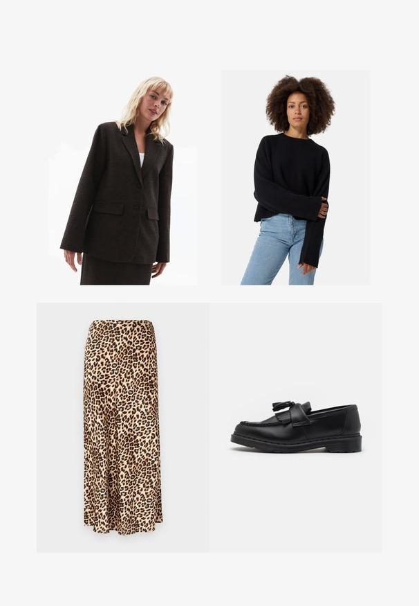Hnědý strukturovaný blazer s klopami, dvěma předními kapsami a dvěma knoflíky. Volný střih s mírně přeplněnými rukávy.; Černý pletený svetr s texturovanou tkaninou, volný střih a široké rukávy, doplněný o světle modré džíny.; Dlouhá sukně s leopardím potiskem vyrobená z hladkého materiálu. Béžový základ s černými a hnědými skvrnami. Rozšířený design se rovnými lemy.; Černé kožené mokasíny s třásněmi, prošívanými detaily podél okraje a silnou gumovou podrážkou pro zvýšenou odolnost.