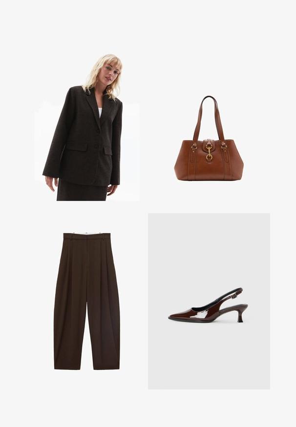 Bruine textuur blazer met sleutelrokken, twee voorzakken en twee knopen. Losse pasvorm met iets oversized mouwen.; Bruine korte mouwen top met een ronde hals, gemaakt van textuurstof. Kenmerkt zich door een relaxed fit en een licht golvende zoom. Schoon, minimalistisch design.; Bruine high-waisted broek met plooien, gemaakt van soepel materiaal. Loose fit, rechte pijpen, met riemlussen en een ritsluiting.; Bruine gepatineerde leren slingback-schoen met een spitse neus en een gematigd hakje. Voorzien van een gespsluiting voor een veilige pasvorm. Glad van textuur.; Bruine leren handtas met een gestructureerde vorm, gouden metalen accenten, dubbele schouderbanden en een decoratief gespsdetail in het midden.