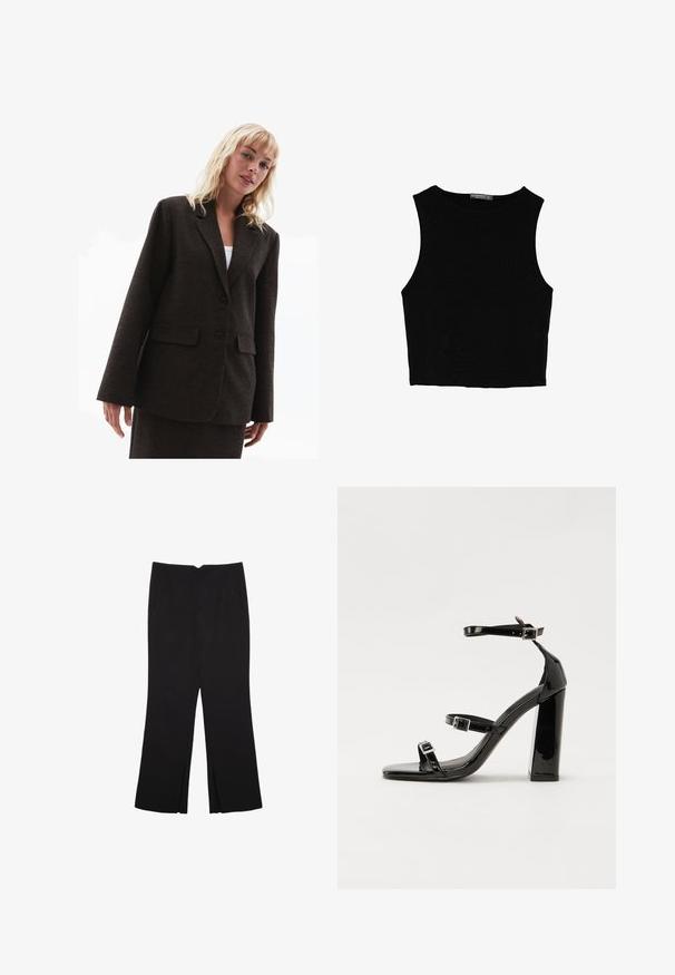 Brązowa blazer o fakturze z klapkami, dwiema przednimi kieszeniami i dwoma guzikami. Luźny krój z lekko oversize'owymi rękawami.; Czarny bezrękawnik crop top z gładkiego materiału, z okrągłym dekoltem i czystym, prostym wzornictwem, bez wzorów czy metalowych elementów.; Czarne spodnie o prostym kroju, z przednimi kieszeniami i bocznymi rozcięciami na dole. Wykonane z miękkiego, gładkiego materiału. Odpowiednie na różne okazje.; Czarne lakierowane sandały na obcasie z kwadratowym noskiem, z paskami wokół kostki i srebrnymi klamrami. Posiadają masywny słupek dla stabilności.
