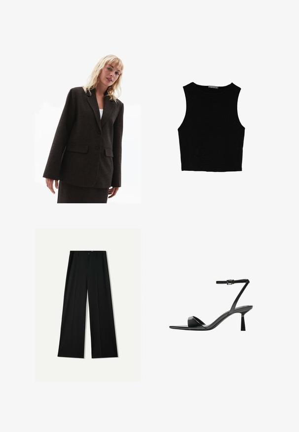 Brun tekstureret blazer med klapkrave, to forlommer og to knapper. Løs pasform med let oversized ærmer.; Sort ærmeløs crop top lavet af glat stof, med rund hals og et rent, enkelt design uden mønstre eller hardware.; Bershka WIDE - Bukser - black; Bershka Højhælede sandaletter / Højhælede sandaler - black