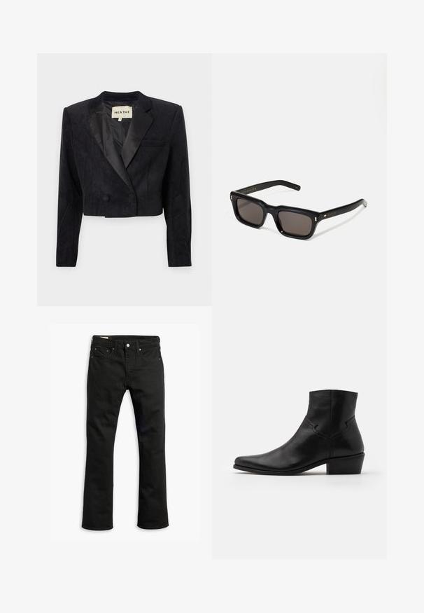 Cropped black blazer made of textured fabric with satin lapels and double-button closure. Features a single breast pocket on the left side.; Beige long-sleeve crewneck sweatshirt, made from soft material, featuring ribbed cuffs and hem, with a smooth texture and minimalistic design.; Black denim jeans with a straight leg design, five pockets, metal button closure, and subtle stitching details. Smooth texture and solid color.; Black leather ankle boot with a pointed toe, minimal stitching details, a mid-height block heel, and a smooth, polished finish.; Black rectangular sunglasses with dark lenses, thick plastic frame, gold accents on temples, and brand logo engraved on the arm.