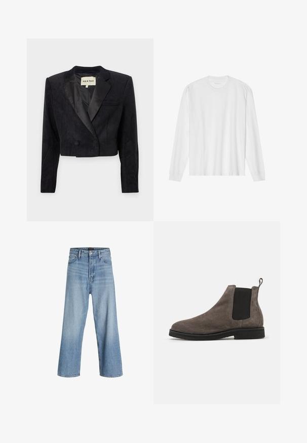 Kuttet svart blazer laget av teksturert stoff med satengkrager og dobbel knappelukking. Har en enkelt brystlomme på venstre side.; Langarmet hvit t-skjorte i bomull med rund hals og ribbestrikkede mansjetter. Enkelt, uornamentert design med glatt tekstur og standard passform.; Lys blå vide jeans laget av denim, med høy midje, klassisk fem-lomme design og knappelukking med glidelås.; Grå semsket Chelsea-støvel med elastiske sidepaneler, rund tå og pull-tab. Flat svart gummisåle. Enkelt og stilrent design.