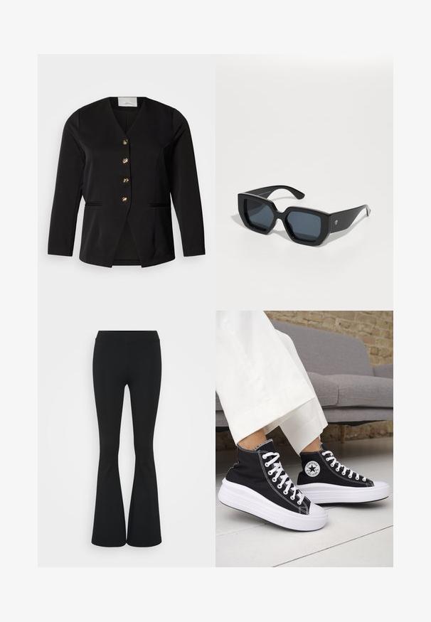 Czarna marynarka z dekoltem w serek, jednorzędowa, z pięcioma złotymi guzikami i bocznymi kieszeniami. Wykonana z gładkiej tkaniny o delikatnej fakturze.; Trzy dopasowane koszulki w kolorze białym, szarym i czarnym. Każda z nich ma szeroki dekolt w serek i krótkie rękawy. Wykonana z gładkiego, elastycznego materiału.; Czarne spódnice dzwonowe wykonane z elastycznego materiału, z wysokim stanem i gładką fakturą. Spodnie rozszerzają się od kolana.; Czarne trampki typu high-top z białą gumową podeszwą i sznurówkami. Posiadają okrągłą naszywkę z logo oraz kontrastujące białe przeszycia. Wykonane z materiału płóciennego.; Czarne, oversize okulary przeciwsłoneczne o geometrycznym wzorze, prostokątne soczewki i błyszczące wykończenie. Brak widocznych oznaczeń na przedniej części.