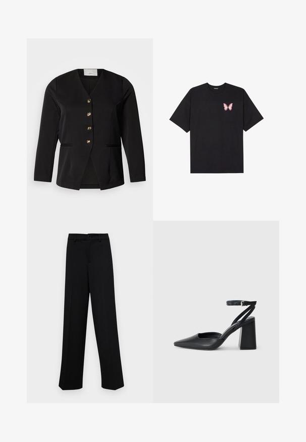 Must ülikonnajakk V-kaelusega, ühe rinnaga, viie kuldse nupu ja küljetaskutega. Valmistatud siledast kangast kergelt tekstuurse pinnaga.; Must muströöpidega must puuvillane T-särk, vasakul rinnal on väike roosa liblikas. Ümar kaelus ja vabalt istuv lõige.; Musta laiad püksid siledast kangast, millel on klassikaline vöökoht, nööbiga sulgemine ja ees voldid.; Mustmustest must-käigukingad, millel on konksuga nöör ja paks konts. Ühtlane tekstuur, stiilne disain ja minimalistlik esteetika.