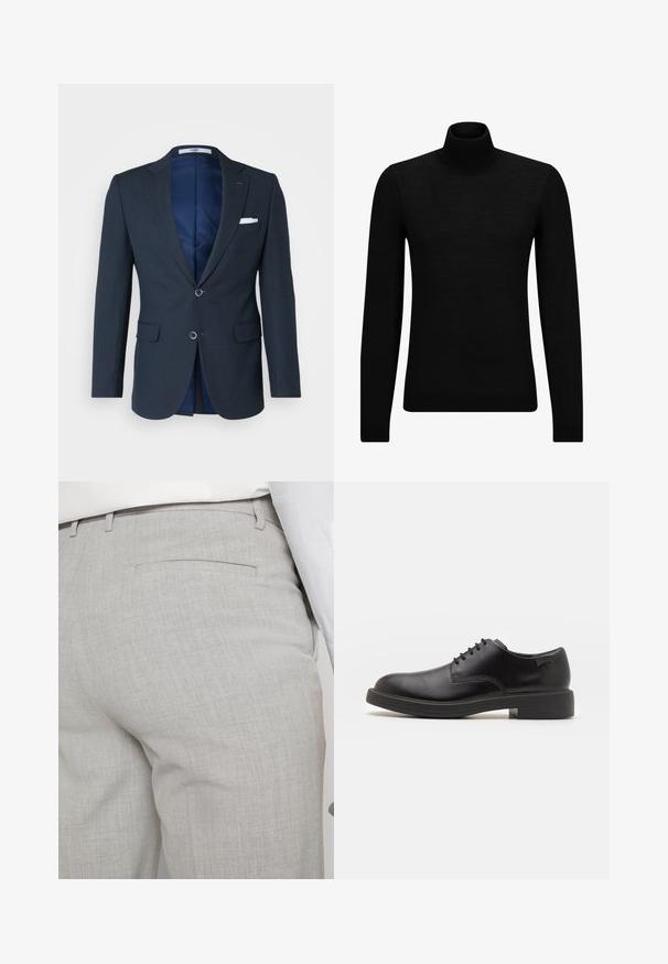 Tumes sinine bleiser tekstuuri viimistlusega, kahe nupuga, teravate lapellidega ja kahe eesmise taskuga; sisaldab sinist sisemist vooderit ja valget taskurätikut.; Musthave muströid ja pehmest materjalist must turtleneck, millel on pikad varrukad ja tihe istuvus. Ribaga ääris allservas ja vöökohal. Lihtne disain.; Heledat hallid kohandatud püksid tekstuurse kangaga, millel on üks tagatasku ja puhas õmblus.; Must beemel levalis kingad ümarate varvastega, sileda pinnaga, minimaalsete õmblustega ja madala kummist kontsaga. Logo kontsa peal.