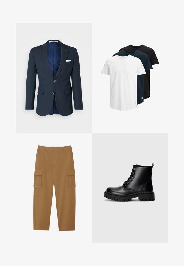 Jūros mėlynumo švarkas su tekstūriniu paviršiumi, dviem mygtukais, išpjautomis atlapais ir dviem priekinėmis kišenėmis; turi mėlyną vidinį pamušalą ir baltą nosinę kišenėje.; Trys trumpinių rankovėmis marškiniai: balti, tamsiai mėlyni ir juodi. Pagaminti iš medvilnės, turi apvalią iškirptę ir tiesų kraštą. Paprastas dizainas, jokių raštų.; Rudos cargo kelnės su dviem šoninėmis kišenėmis, lygia priekiu ir tiesiomis kojomis. Pagamintos iš tvirto, lygaus tekstūros audinio.; Juodos odinės aulinės bateliai iki kulkšnies, su apvaliu pirštu, šnuoruojamu dizainu ir tvirtu, storu padu. Yra kilpa kulno srityje ir sidabro spalvos detalių.