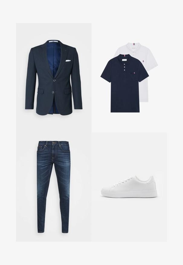 Marineblazer met een gestructureerde afwerking, twee knopen, notch revers en twee voorzakken; heeft een blauwe binnenvoering en een witte pochette.; Twee polo shirts: één marineblauw en één wit, beide met een kleine rood, wit en blauwe accent op de borstzak en kraag.; Donkerblauwe denim jeans met een slim fit, subtiele vervaging, vijf zakken en een metalen knoopsluiting. Gestikte accenten in contrasterende kleur.; Witte sneakers met een gladde synthetische bovenkant, ronde neus, zes oogjes voor veters en een lage rubberen zool met textuurdetails.