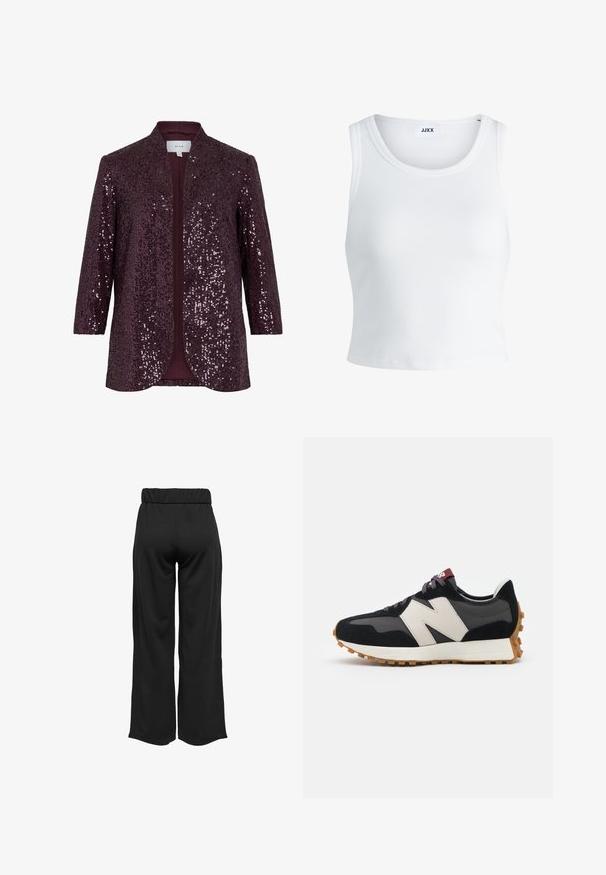 Burgundy sequin blazer with a classic, collarless design. Features three-quarter sleeves and a smooth inner lining.; White ribbed tank top featuring a round neckline, sleeveless design, and a cropped length. Label reads "JJXX." Smooth fabric texture.; Black, wide-leg pants with an elastic waistband, made from smooth fabric. Features a clean design with no pockets or visible stitching details.; Black and gray suede sneaker with a large cream-colored "N" logo, purple laces, and a textured gum rubber outsole.