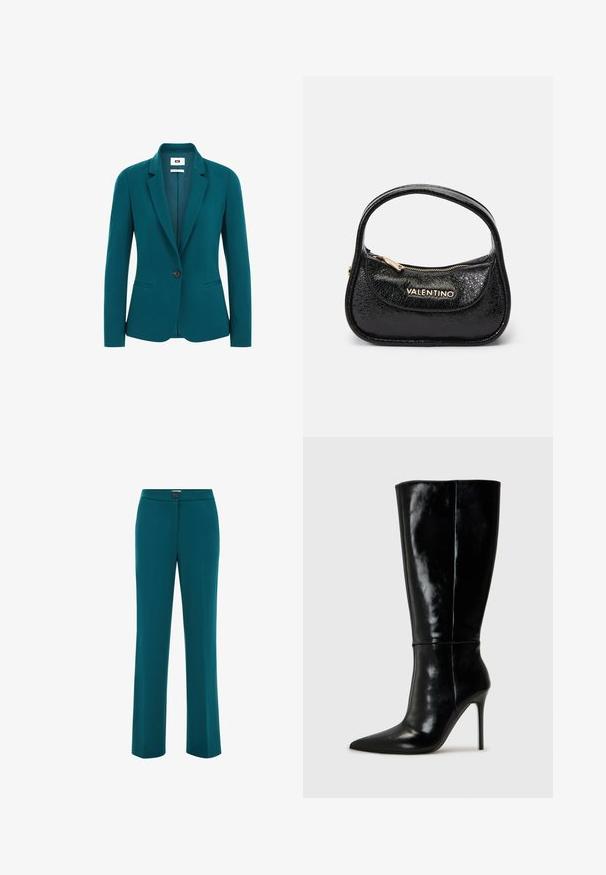 Zöldkék blézer sima anyagból, kihajtott gallérral, egygombos zárással, két oldalsó zsebbel és strukturált vállakkal.; Hosszú ujjú fekete garbó, sima, rugalmas anyagból készült. Testhez simuló fazon, magas nyakkal, látható minták vagy díszítések nélkül.; Tökéletes sima textúrájú, teal színű egyenes lábú nadrág, amely gombos záródással rendelkezik a derék résznél, és minimalista dizájnnal készült.; Fekete bőrből készült, térd fölé érő csizmák hegyes orral és magas stiletto sarokkal. Simára csiszolt textúra és elegáns kivitelezés, minimális díszítéssel.; Fekete bőrtáska texturált felülettel, kerek formával és egyetlen füllel. Elülső cipzáros zsebbel és arany színű logóval rendelkezik.