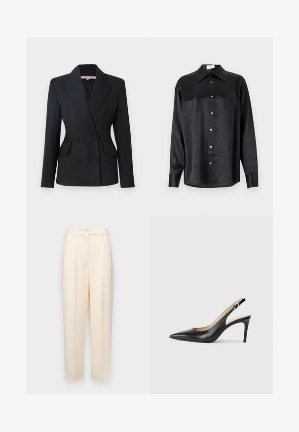 Black double-breasted blazer with a notched collar, two front pockets, and button closures, made from a smooth fabric.; Black long-sleeve shirt with a collared neckline, featuring a crinkled texture, full button front, and cuffs. Made from a smooth fabric.; Beige tailored trousers with a straight fit, featuring pleats at the front, a smooth texture, and a mid-rise waist. No visible pockets.; Black leather slingback high heels with a pointed toe, adjustable strap, and a sleek stiletto heel, featuring a smooth finish.