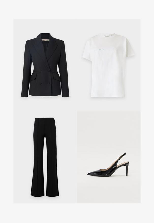 Juodas dublis su sagomis, su iškirptu apykaklės dizainu, dviem priekinėm kišenėm ir sagomis, pagamintas iš lygaus audinio.; Balta medvilninė marškinėliai trumpomis rankovėmis ir apvalia iškirpte, su žodžiu "INTROSPEKCIJA" šviesiai mėlynu tekstu per krūtinę.; Juodos plačios kelnės su aukštu liemeniu, pagamintos iš tamprios medžiagos. Priekinėje dalyje yra vertikalūs siūlų akcentai ir lygus paviršius.; Juodas lakinės odos slingback batelis su smailiu nosiu, plonu kulnu ir subtiliu išpjovos dizainu. Yra auksinė sagtis ant dirželio.