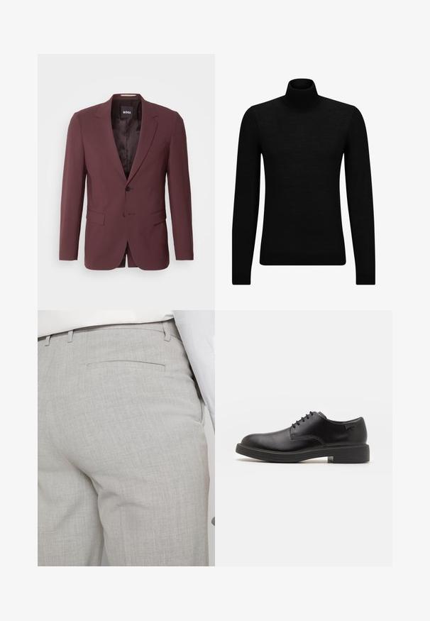 BOSS HOUSTON - Öltönyzakó - open red; Fekete garbó pulóver puha anyagból, hosszú ujjakkal és szoros fazonnal. Ribbed díszítés az alján és az ujjak végén. Egyszerű dizájn.; Világosszürke, texturált anyagból készült szabott nadrág, egyetlen hátsó zsebbel és tiszta varrással.; Fekete bőrcipő, kerek orrú, sima felületű, minimális varrással és alacsony gumitalppal. Logó a sarokrészen.