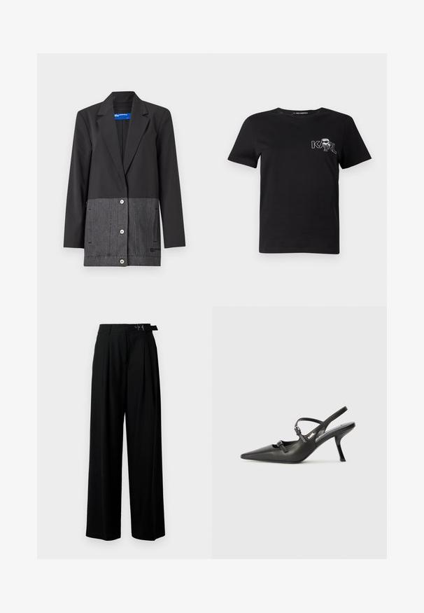 Czarny żakiet z denimu dolnej części. Posiada wycięty kołnierz, zapięcie na guziki z przodu oraz boczne kieszenie z kontrastowym przeszyciem.; Czarna koszulka t-shirt z krótkim rękawem wykonana z bawełny. Posiada biały nadruk z napisem "KARL" oraz stylizowaną postacią na klatce piersiowej. Okrągły dekolt.; Czarne spodnie szerokie w nogawkach z wysokim stanem, z plisami z przodu oraz paskiem z klamrą. Wykonane z gładkiego, lekkiego materiału.; Czarne skórzane sandały na obcasie typu slingback z wydłużonym noskiem, smukłym obcasem i ozdobnym zapięciem na cholewce. Gładka tekstura i elegancka forma.