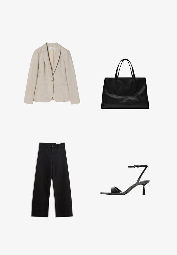 Béžový lněný blazer s jednořadým zapínáním, klopovými límci a dvěma předními kapsami. Hladká textura s přiléhavým střihem.; Tmavě hnědý svetr s dlouhým rukávem a kulatým výstřihem, mírně zkráceným střihem a jednoduchým, bezešvým designem.; Černé denimové kalhoty s volným střihem a vysokým pasem, vybavené předními a zadními kapsami, prošívanými švy a knoflíkovým zapínáním. Hladká textura.; Bershka Sandály na vysokém podpatku - black; Černá kožená taška na rameno s dvěma dlouhými uchy, strukturovaným tvarem, hladkou texturou a minimalistickým designem. Žádné viditelné kovové prvky ani ozdoby.