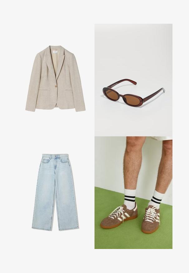 Beige vászon blézer egy gombos zárással, kivágott hajtókákkal és két elülső zsebbel. Sima textúra, testreszabott illeszkedéssel.; Hosszú ujjú felső krém színű anyagból, enyhe redőzéssel az oldalakon és klasszikus gallérral. Sima textúra, egyszerű kialakítás.; Világoskék, bő szárú farmernadrág, magas derékkal, öt zsebes kialakítással és a varrások mentén látható díszítéssel.; Barna velúr sportcipő fehér díszítéssel és fűzővel. Gumi talp. Fehér zoknival viselve, fekete csíkokkal. Zöld, textúrázott padló.; Kerek, barna árnyalatú napszemüveg fényes burgundi kerettel. Karcsú karok diszkrét márkázással. Lapos lencse kialakítás.; Barna szőtt bőr kézitáska, amely laza, háromszög alakú. Fonott füllel és felső cipzárral rendelkezik.