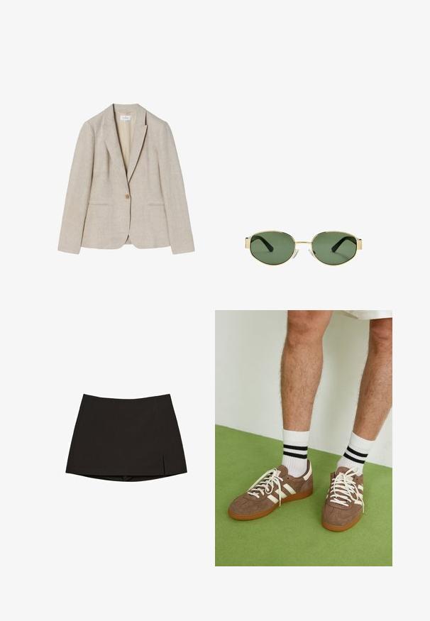 Béžový ľanový blejzer s jedným gombíkom, s výstrihom v tvare V a dvoma prednými vreckami. Hladká textúra s dobre sa hodí.; Biely rebrovaný tielko s čiernym výšivkovým logom umiestneným na hrudi. Výstrih a otvory na rukávy sú dokončené jemným lemovaním.; Čierna mini sukňa z hladkej látky, so strihom na rovno, s bočnými rozparkami a čistým lemom. Jednoduchá a univerzálna.; Hnedé zamatové tenisky s bielymi akcentmi a šnúrkami. Gumová podrážka. Nosené s bielymi ponožkami so čiernymi pruhmi. Zelená textúrovaná podlaha.; Slnko zlatohnedých kovových rámových okuliarov s zelenými tónovanými sklami, oválnym tvarom, čiernymi stranami a priehľadnými nosnými podložkami. Čistý, minimalistický dizajn.