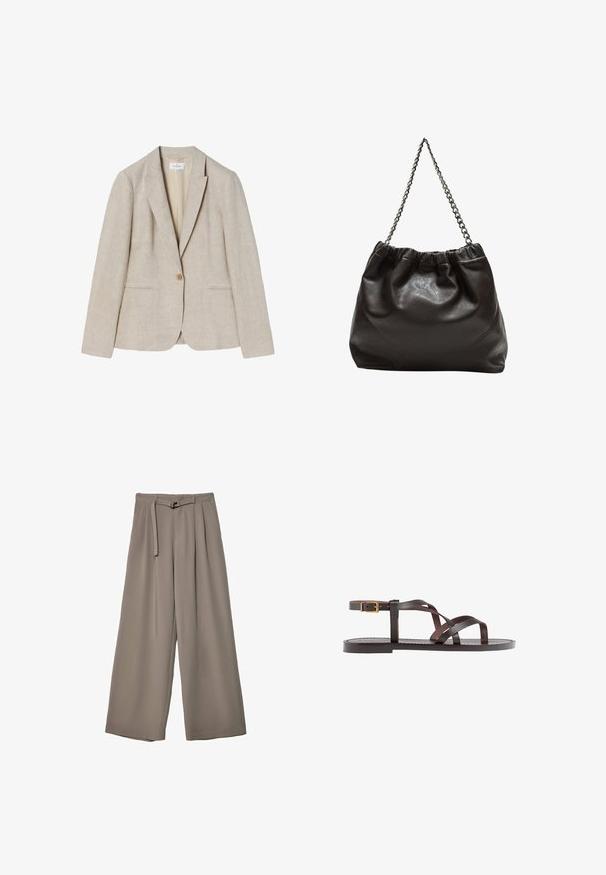 Beige Leinenblazer mit einem Knopfverschluss, Reverskragen und zwei Fronttaschen. Glatte Textur mit maßgeschneidertem Schnitt.; Braunes, kurzärmliges T-Shirt aus weichem Material mit rundem Halsausschnitt und lockerer Passform. Keine sichtbaren Muster oder Akzente.; Weite Hose aus einem weichen, gedämpften grauen Stoff, mit einem taillierten Bund und Falten für zusätzliche Design-Details. Glatte Textur, keine Muster.; Braune Leder-Sandale mit überkreuzten Riemen, einem Knöchelriemen mit Schnalle und einer flachen Sohle mit minimalen Nähdetails.; Braune Lederhandtasche mit gerafftem Oberteil und Kettenriemen. Glatte Textur mit glänzendem Finish und subtilen Nahtdetails an den Seiten.