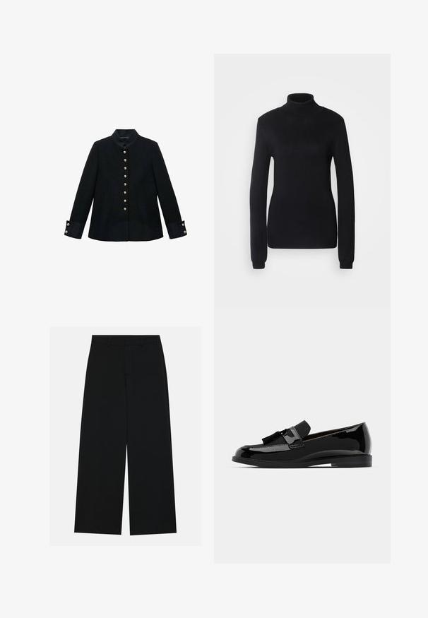 Černá bunda s mandarinovým límcem, zdobená zlatými knoflíky, se slim fit střihem a kontrastními manžetami z texturované tkaniny.; Černý rolák vyrobený z měkké pleteniny, s dlouhými rukávy a přiléhavým střihem, který má vroubkovaný límec a lem.; Široké černé kalhoty vyrobené z hladké tkaniny. Mají plochý pas s poutek na opasek a žádné viditelné kapsy. Jednoduchý design.; Černé lakované kožené mokasíny s plochým podpatkem, zdobené třásněmi a hladkým povrchem, navržené s kulatou špičkou a jemným prošíváním.