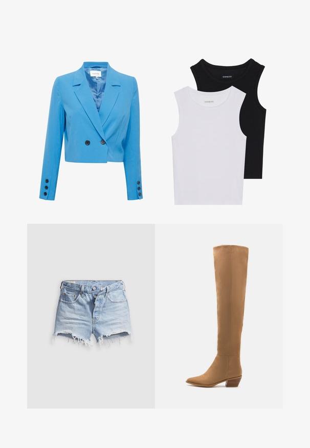 Trumpas mėlynas švarkas su lygiu paviršiumi, turintis išpjautą apykaklę, dvigubą mygtukų uždarymą ir juodus mygtukų akcentus.; Du kamščių be rankovių juodos ir baltos spalvų, pagaminti iš banguoto medvilnės, su apvaliais kaklo iškirpimais ir priglundančiu siluetu. Matomi etiketės abiejuose.; Šviesiai mėlyni džinso trumpi šortai su nutrintais kraštais, penkiomis kišenėmis ir mygtuko uždarymu priekyje. Audinys minkštas, šiek tiek dėvėtas.; Kneiniai rudi batai, pagaminti iš lygaus medžiagos, su smailiu pirštu ir žemu stūmimo kulnu. Paprastas dizainas, be matomų raštų ar akcentų.