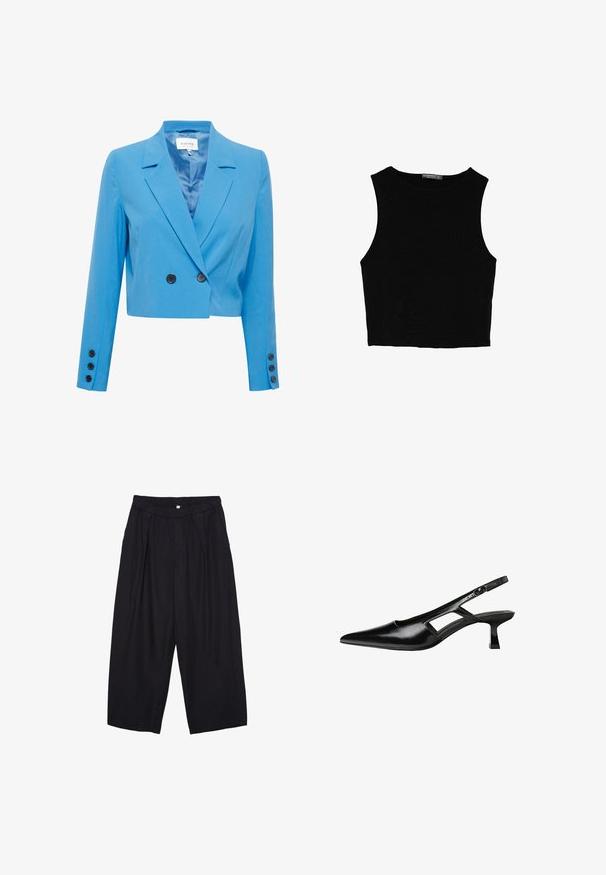 Skrajšani modri blazer z gladko teksturo, z izrezanim ovratnikom, dvojno zapenjanjem spredaj in črnimi gumbi.; Črn brez rokavov crop top, izdelan iz gladkega materiala, z okroglim izrezom in čistim, preprostim dizajnom brez vzorcev ali dodatkov.; Črne poliesterske culotte hlače z elastičnim pasom, dvema sprednjima nabiranjema in ohlapnim krojem. Brez vidnih vzorcev ali kovinskih detajlov.; Črne patentični usnjeni salonarji s slingback designom, z zašiljenim nosom, izrezanim stranskim dizajnom in majhnim kvadratnim peto. Gladka tekstura z minimalnimi detajli.