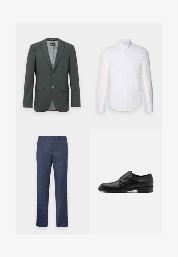 Ciemnoszary, dopasowany żakiet męski z klapami, dwoma guzikami, kieszeniami z patkami oraz częściowo widoczną podszewką.; Biała, długosleeve koszula zapinana na guziki z bawełny, z klasycznym kołnierzykiem, guzikami z przodu i minimalnymi detalami przeszycia.; Granatowe spodnie wykonane z teksturowanej tkaniny, z prostymi nogawkami, płaskim przodem i dwoma bocznymi kieszeniami. Brak widocznych wzorów lub akcentów.; Czarne skórzane buty do garnituru z podwójnymi klamrami, smukła sylwetka i okrągły czubek. Posiadają niski obcas i gładką fakturę.