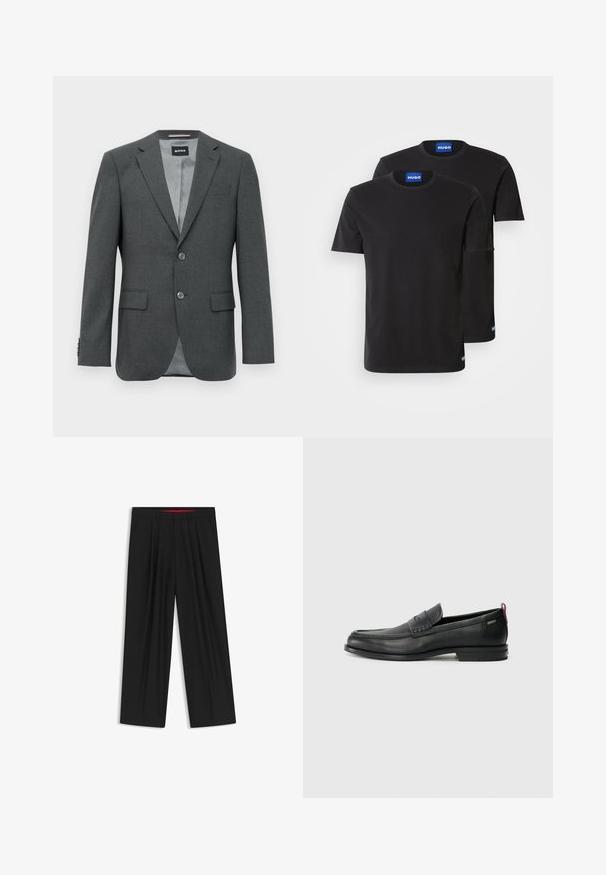 Dunkelgrau maßgeschneiderter Herren-Blazer mit Reverskragen, zwei Knöpfen, Klappentaschen und teilweise sichtbarer Innenausstattung.; Zwei schwarze Baumwoll-T-Shirts mit Rundhals, kurzen Ärmeln und blauen "HUGO"-Labels an den Kragen und seitlichen Säumen.; Schwarze weit geschnittene Hosen mit flachem Bund, zwei seitlichen Taschen, gefaltetem Design und einem kontrastierenden roten Innenbund.; Schwarze Lederloafers mit einem strukturierten Vorderteil und glatten Seiten. Sie verfügen über einen schmalen Absatz und eine Schlaufe an der Rückseite für einfaches Anziehen. Klassisches Design.