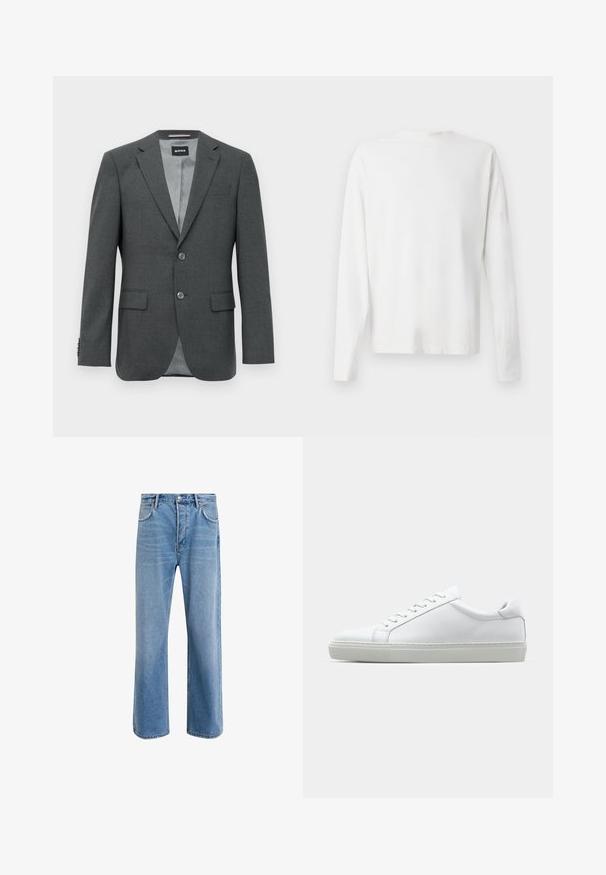 Dunkelgrau maßgeschneiderter Herren-Blazer mit Reverskragen, zwei Knöpfen, Klappentaschen und teilweise sichtbarer Innenausstattung.; Langärmliges weißes Baumwollhemd mit rundem Ausschnitt, seitlichen Schlitzen am unteren Rand und glatter Textur, von hinten präsentiert.; Helle blaue Jeans im Geradeschnitt-Design, mit fünf Taschen, Knopfverschluss, minimaler Ausbleichung und kontrastierenden Nähdetails.; Weißer Sneaker mit glattem Lederobermaterial und niedrigem Profil. Verfügt über eine runde Zehenpartie, sechs Ösen und eine strukturierte Gummisohle.