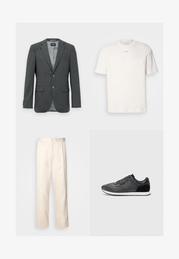 Dark gray tailored men's blazer with notch lapels, two buttons, flap pockets, and a partially visible inner lining.; White cotton T-shirt featuring a round neck, short sleeves, and embroidered "Calvin Klein" logo at the chest center. Plain design.; Beige cotton trousers with a straight-leg cut, featuring a button closure and pleats at the front for added detail.; Black athletic sneakers featuring a leather upper with perforated detailing, suede accents, and a white rubber sole. Classic lace-up design.