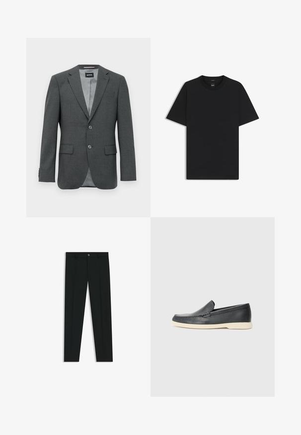 Tummanharmaa räätälöity miesten bleiseri, jossa on loviplerot, kaksi nappia, läpälliset taskut ja osittain näkyvä vuori.; Musta lyhythiha T-paita, joka on valmistettu sileästä puuvillasekoitteesta. Paita on varustettu pyöreällä pääntiehen ja siinä on minimaalinen muotoilu ilman kuvioita tai yksityiskohtia.; Musta housut, joissa on suora lahje, valmistettu sileästä kankaasta. Edessä nappisulku ja vyölenkit. Yksinkertainen ilman kuvioita.; Mustat nahkakengät ilman nauhoja, joissa on teksturoitu pinta ja kontrastoiva beige kumipohja. Kengissä on hillitty yksityiskohta etuosassa.