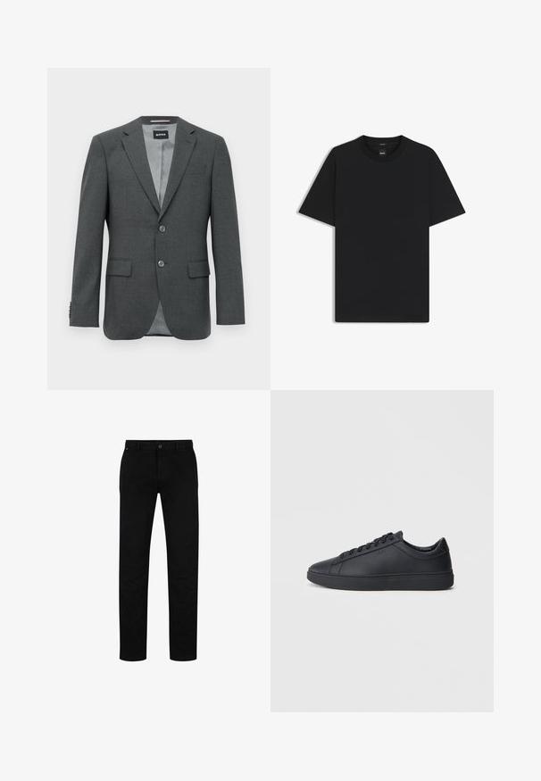 Mørkegrå skræddersyet herreblazer med slagkrave, to knapper, klaplommer og en delvist synlig inderforing.; Sort kortærmet T-shirt lavet af en glat bomuldsblanding, med en rund halsudskæring og et minimalistisk design uden mønstre eller accenter.; Sorte bomuldsbukser med lige pasform, der har knaplukning, bæltestropper og minimalistisk design. Glat tekstur, ingen mønstre.; Sorte sneakers lavet af glat læder med lavtopdesign, rund tå og flad gummisål. Har snøringer og subtil branding.