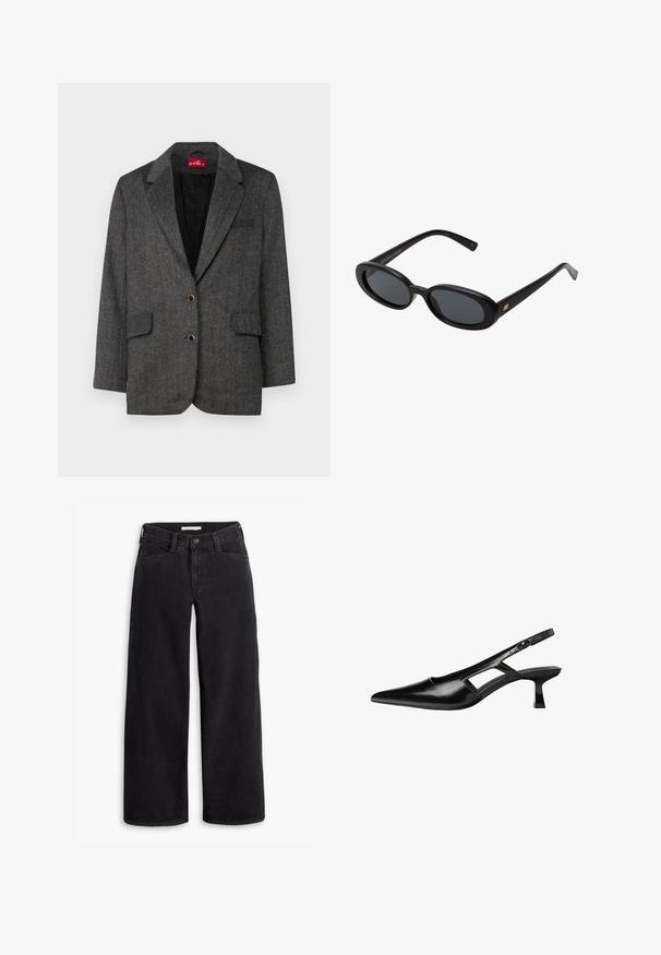 Šedý blazer v herringbone vzoru s dvěma předními kapsami a zlatými knoflíkovými detaily. Klopové límce a černá podšívka dotvářejí strukturovaný design.; Černý krátký rukáv turtleneck vyrobený z lehkého materiálu s hladkou texturou a přiléhavým střihem, s vysokým výstřihem.; Černé široké džíny z denimové látky. Mají vysoký pas, přední kapsy a zip se zapínáním na knoflík. Hladká textura.; Černé lakované lodičky na podpatku se špičatou špičkou, výřezovým designem na boku a malým čtvercovým podpatkem. Hladká textura s minimálními akcenty.; Černé oversized sluneční brýle s oválnými čočkami, hladkým plastovým rámem a zlatými akcenty na spáncích. Tmavé čočky poskytují ochranu před sluncem.