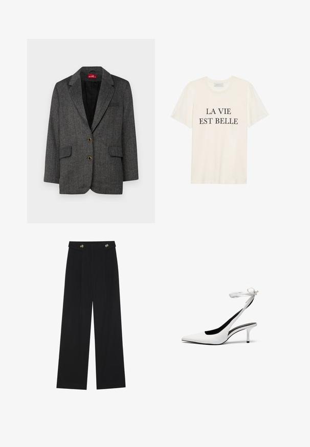 Grijze visgraat blazer met twee voorzakken en gouden knoopaccenten. Geannoteerde revers en een zwarte voering completeren het gestructureerde ontwerp.; Crème-kleurig katoenen T-shirt met korte mouwen en een ronde hals. Voorzien van zwarte tekst "LA VIE EST BELLE" gecentreerd op de voorkant.; Zwarte wijde broek met hoge taille, knoopdetails op de tailleband en plooien aan de voorkant.; Witte pointed-toe slingback hakken met een dunne enkelband. Gladde leren materiaal, dunne stilettohak en een zwarte binnenvoering.