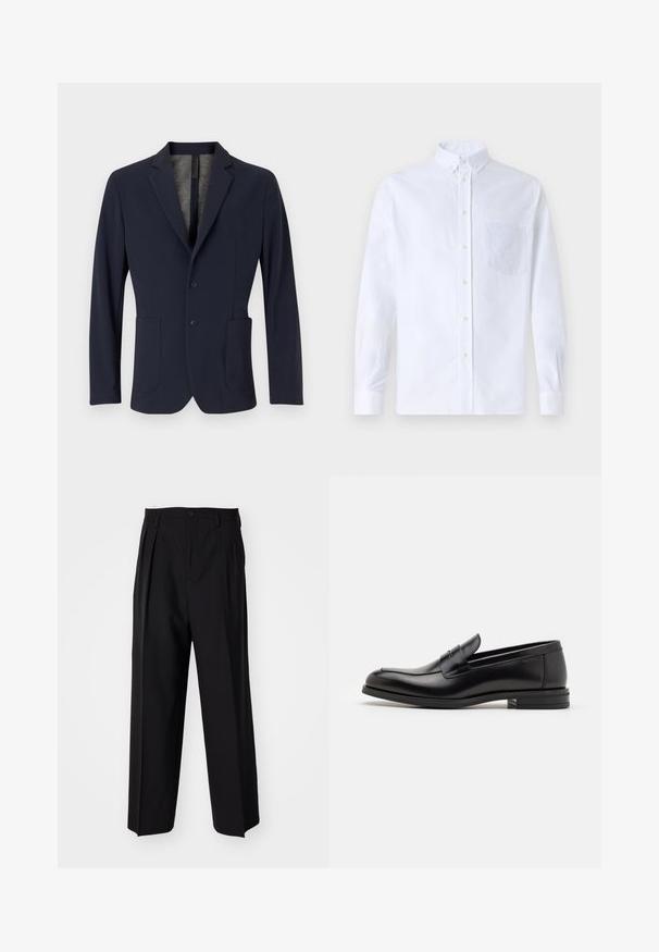 Granatowa marynarka wykonana z gładkiego materiału, z jednoprzyciskowym zapięciem, dwiema przednimi kieszeniami oraz subtelną, teksturowaną podszewką.; Biała koszula z długim rękawem na guziki, wykonana z bawełny, z kieszonką na piersi z tonowym haftem, kołnierzykiem i zapięciem na guziki przy mankietach.; Czarne plisowane spodnie o prostym, szerokim kroju nogawek. Wykonane z gładkiego materiału, z zapięciem na guzik i pętelkami na pasek.; Czarne skórzane mokasyny o gładkiej fakturze, zaokrąglonym nosku i dekoracyjnym pasku na przodzie. Niski, warstwowy obcas, minimalistyczny design.