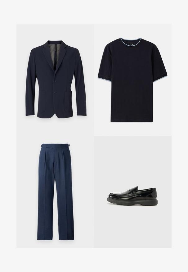 Sötétkék zakó sima anyagból, egy gombos záródással, két elülső zsebbel és diszkrét textúrájú bélésrésszel.; Sötétkék, rövid ujjú póló, lekerekített nyakkal, világoskék díszítéssel a gallérnál és az ujjaknál. Puha pamut anyagból készült.; Sötétkék, szabott nadrág, texturált anyagból készült, magas derékkal, redőkkel és állítható oldalszíjakkal a megfelelő illeszkedés érdekében.; Fekete bőr loafer, fényes felülettel, kerek orral, diszkrét varrási részletekkel és vastag gumitalppal a tartósság érdekében.