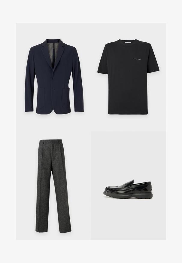 Blazer navy realizzato in tessuto liscio, con chiusura a un bottone, due tasche frontali e un sottile rivestimento interno strutturato.; T-shirt nera in cotone con scollatura tonda, maniche corte e un piccolo logo bianco "TIGER OF SWEDEN" sul petto. Vestibilità classica.; Pantaloni grigi su misura realizzati in tessuto strutturato, con due pieghe frontali e un design a gamba dritta. Nessuna tasca o decorazione visibile.; Mocassino in pelle nera con finitura lucida, punta arrotondata, dettagli di cucitura sottili e suola in gomma spessa per una maggiore durata.