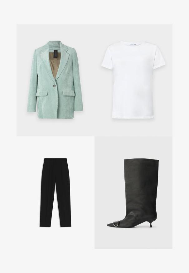 Ljust grön corduroyblazer med spetsig revers, två framfickor, enkel knappstängning och mjuk texturfinish.; Vit kortärmad t-shirt i bomull med rundad halsringning. Slät textur och rak skärning, utan mönster eller detaljer.; Svarta byxor med rak passform, med dubbla fickor, en slät yta och en klassisk midje-design. Ingen synlig hårdvara eller detaljer.; Svart läder ankelstövel med spetsig tå, liten klack och metallisk accentdetalj på tån. Slät, matt yta över hela skon.