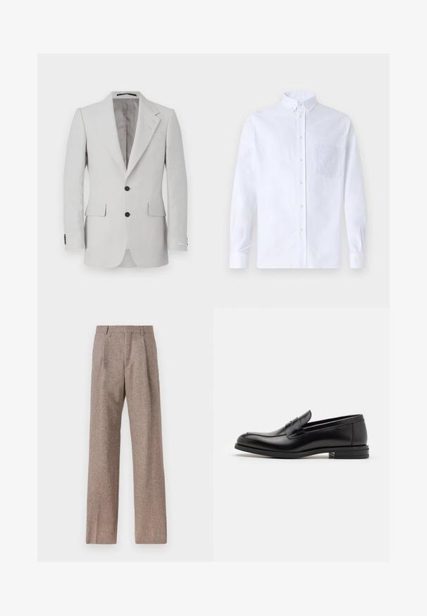 Jasno siva lanena jakna s ovratnikom na zobe, dvema gumboma, dvema sprednjima žepoma in črnimi gumbnimi poudarki. Gladka tekstura po vsej površini.; Bela dolgo rukava srajca s kragnico, izdelana iz bombaža, z žepom na prsih in toniranimi vezeninami ter gumbi na manšetah.; Rjave hlače z visokim pasom, izdelane iz teksturirane tkanine. Imajo široke noge in dve sprednji pregibi za strukturo. Urejen zaključek brez vidne strojne opreme.; Črne usnjene loafer čevlje z gladko teksturo, zaobljenim nosom in dekorativnim trakom čez zgornji del. Nizka zložena peta, minimalističen dizajn.