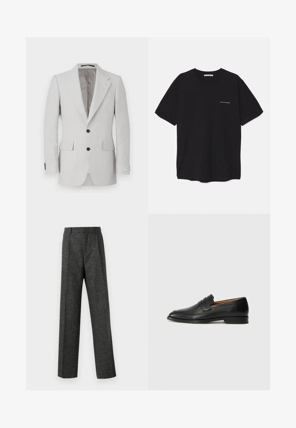 Giacca di suit in lino grigio chiaro con rever a punta, due bottoni, due tasche frontali e dettagli in bottone neri. Texture liscia in tutto il capo.; T-shirt in cotone nero con collo rotondo, maniche corte e stampa bianca del logo sul lato sinistro del petto. Design semplice e monocromatico.; Pantaloni grigi su misura realizzati in tessuto strutturato, con due pieghe frontali e un design a gamba dritta. Nessuna tasca o decorazione visibile.; Mocassino in pelle nera con punta arrotondata, dettagli cuciti sottili e tacco basso, caratterizzato da una texture liscia e un design minimalista.