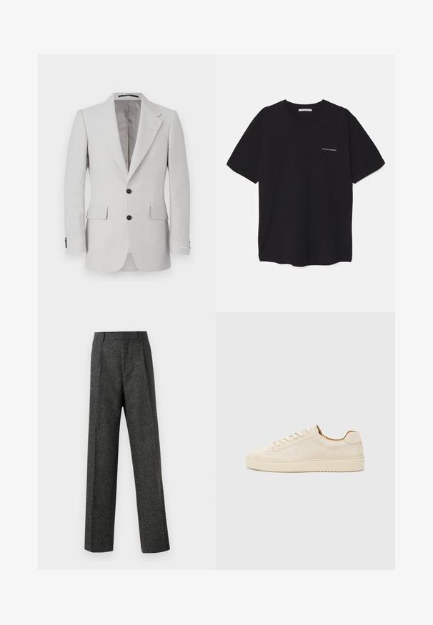 Blazer de linho cinza claro com lapela notched, dois botões, dois bolsos frontais e detalhes em botões pretos. Textura suave por toda a peça.; T-shirt preta de algodão com gola redonda, mangas curtas e impressão de logó tipo branca no lado esquerdo do peito. Design simples, de cor sólida.; Calças cinzentas ajustadas, feitas de um tecido texturizado, com duas pregas frontais e um design de perna reta. Sem bolsos visíveis ou enfeites.; Sapatilhas de camurça bege com um design de cano baixo, bico redondo, atacadores planos e uma sola de borracha texturizada. Estilo minimalista sem logótipos visíveis.
