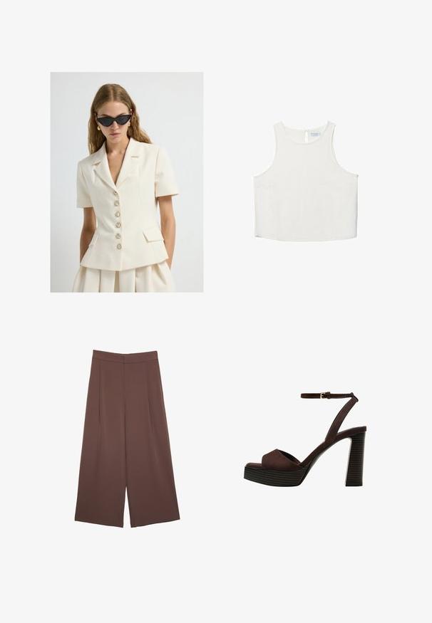 Kvinde iført en cremefarvet blazer med korte ærmer og perleknapper, matchende nederdel, accessoriseret med sorte katteøje-solbriller og guldsmykker.; Hvid ærmeløs top med rund halsudskæring, der har en subtil tekstur, nøglehulsbagdetalje og lige kant.; Brune bredbunde bukser med en glat tekstur, der har høj talje og plisseringer foran. Stoffet er let og falder løst.; Brune ruskinds højhælede sandal med åben tå, justerbar ankelrem og en stribet plade sål.
