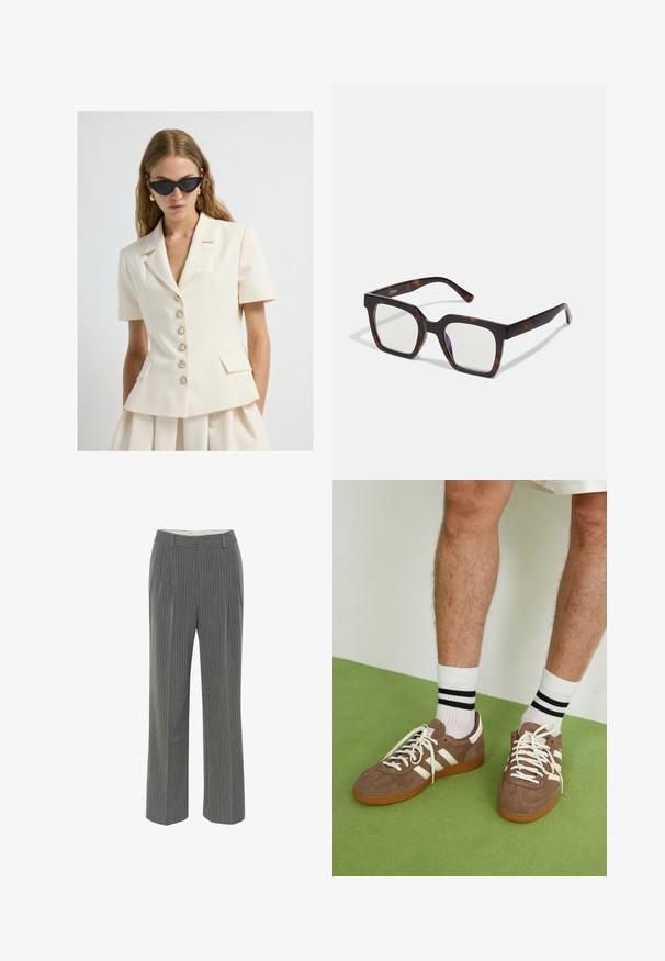 Kvinde iført en cremefarvet blazer med korte ærmer og perleknapper, matchende nederdel, accessoriseret med sorte katteøje-solbriller og guldsmykker.; Hvid langærmet skjorte med knapper, lavet af glat stof, med en klassisk krave og subtil glans, rundet kant og knappedetaljer.; Grå stribede bukser med skræddersyet pasform, flad forside og bred ben-design. Lavet af et glat, let stof.; Brune ruskind sneakers med hvide detaljer og snørebånd. Gummisål i naturgummi. Båret med hvide sokker med sorte striber. Grøn struktureret gulv.; Firkantede solbriller med en skildpaddeacetatramme og klare linser. Har brede stænger og en mat finish, der forbedrer den samlede holdbarhed.; Cremefarvet læder skuldertaske med en halvmåneform, tynd rem og diskrete syninger. Minimalistisk design med hardware-accenter i guldton.