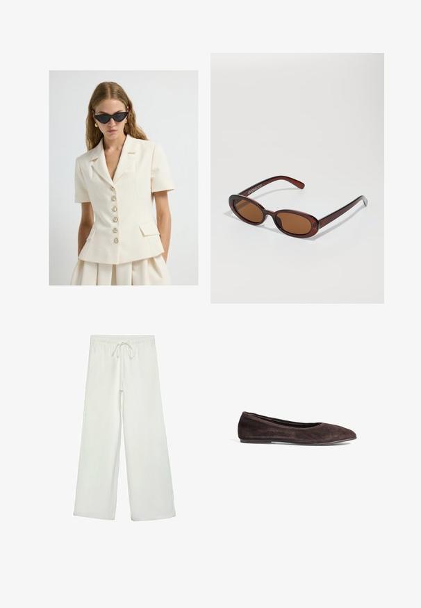 Frau in einem cremefarbenen Blazer mit kurzen Ärmeln und perlenbesetzten Knöpfen, kombiniert mit einem passenden Rock. Sie trägt schwarze Cat-Eye-Sonnenbrillen und goldene Ohrringe.; Weißes T-Shirt mit kurzen Ärmeln aus Baumwolle. Hat einen Rundhalsausschnitt und eine lockere Passform. Glatte Textur ohne sichtbare Muster oder Akzente.; Weiße, weit geschnittene Hose aus weichem Stoff. Mit einem elastischen Bund und einem Kordelzug sowie einer glatten Oberfläche. Keine sichtbaren Muster oder Hardware.; Braune Wildleder-Ballerinas mit spitzem Absatz und niedrigem Profil. Verfügt über eine glatte Textur und ein minimalistisches Design. Keine sichtbaren Beschläge oder Akzente.; Runde, braun getönte Sonnenbrillen mit einem glänzenden burgunderfarbenen Rahmen. Schlanke Bügel mit dezentem Branding. Flaches Linsendesign.; Braune Wildleder-Handtasche mit strukturiertem Design, abgerundeter Form und länglichen, diamantförmigen Griffen. Mit einem silbernen Metallverschluss ausgestattet.