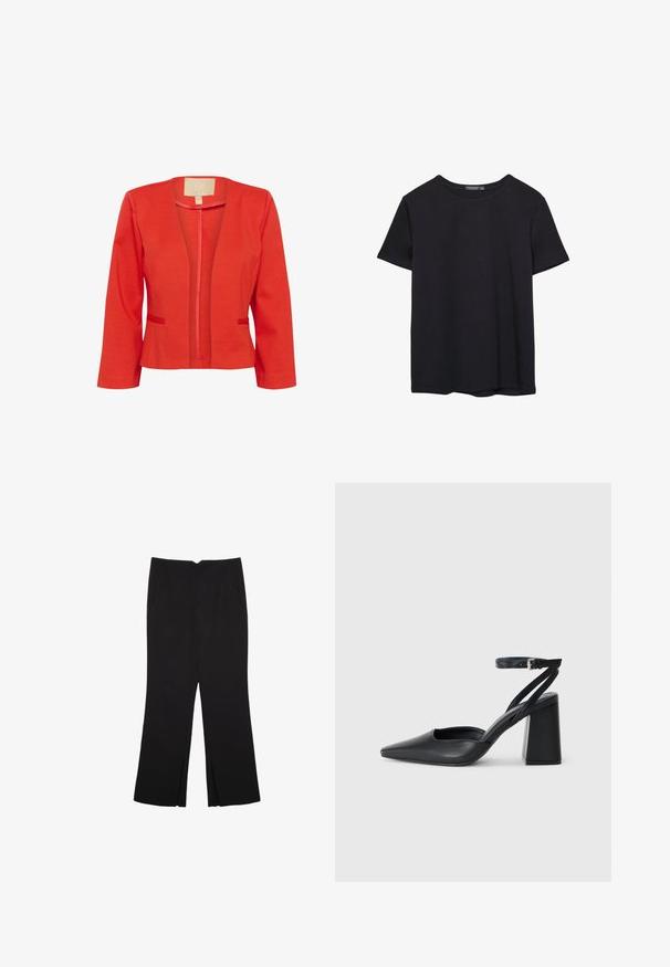 Rdeča lahka blazer jakna s prilegajočo se obliko, odprtim sprednjim delom, dolgimi rokavi in dvema majhnima sprednjima žepoma. Gladka tekstura in standardni ovratnik.; Enostavna črna bombažna majica s kratkimi rokavi in okroglim izrezom, prikazana na belem ozadju.; Črne hlače ravnega kroja z naglavnimi žepi in stranskimi razporki na robu. Narejene iz mehke, gladke tkanine. Primerne za različne priložnosti.; Črne usnjene klasične čevlje z ostrim nosom, z zaponko za gleženj in debelim peto. Ravna tekstura, eleganten dizajn in minimalistična estetika.