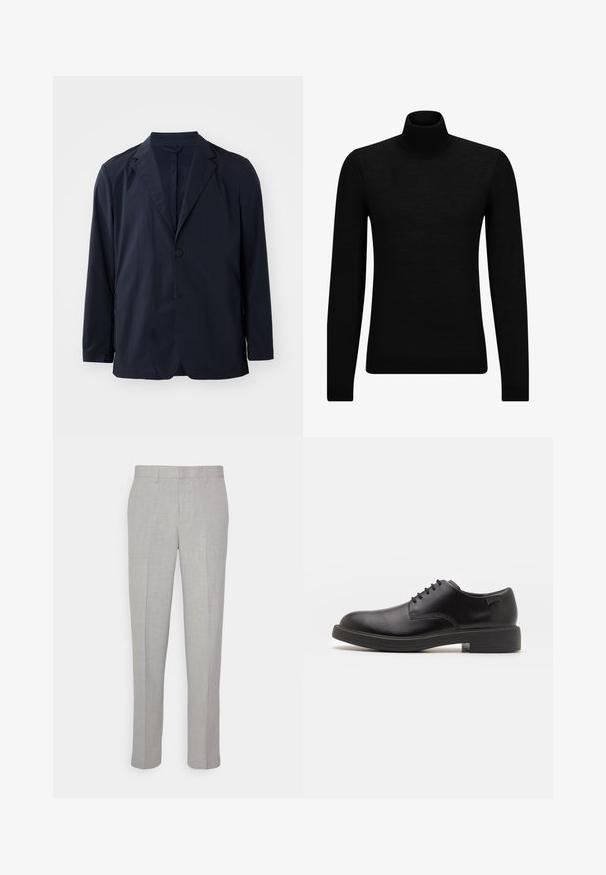Sötétkék, könnyű blézer sima anyagból, egy gombos záródással, kivágott hajtókákkal és letisztult vonalakkal, oldal zsebekkel.; Fekete garbó pulóver puha anyagból, hosszú ujjakkal és szoros fazonnal. Ribbed díszítés az alján és az ujjak végén. Egyszerű dizájn.; Világosszürke nadrág, sima textúrával, lapos elülső résszel és egyenes lábakkal. Lélegző anyagból készült, belső zsebekkel és övjáratokkal ellátva.; Fekete bőrcipő, kerek orrú, sima felületű, minimális varrással és alacsony gumitalppal. Logó a sarokrészen.