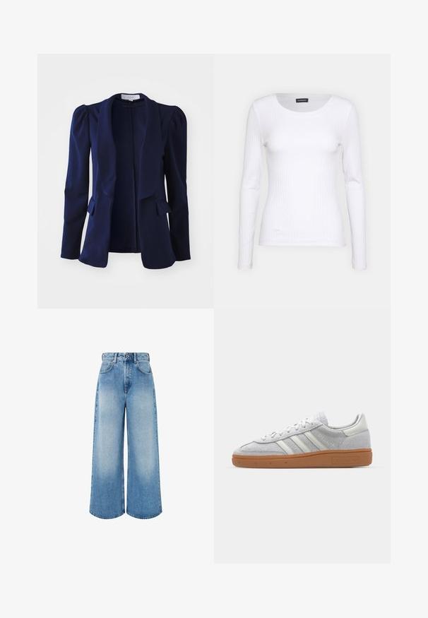 Blazer de culoare bleu marin cu mâneci lungi, umeri structurați, deschis în față și două buzunare frontale, realizat dintr-un material neted. Design minimalist.; Top alb cu dungi, cu mânecă lungă și guler rotund. Fabricat dintr-un material elastic care se îmbină cu corpul. Are linii orizontale subtile.; Jeanși largi de culoare albastru deschis, din denim, cu talie înaltă, închidere cu nasture și o ușoară decolorare, având marginile curate.; Pantofii sport din nubuc gri deschis, cu accente din piele albă, trei dungi albe și o talpă din cauciuc maro, având un guler căptușit pentru confort.