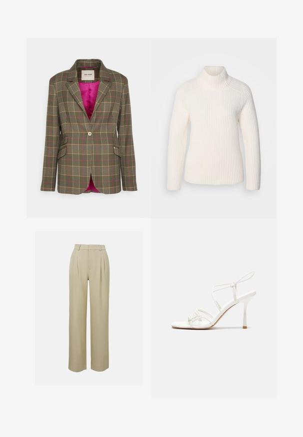 Mos Mosh LAKE ANSIMA - Bleizeris - forest night; Balta silkine megztinė su aukštu kaklu, pagaminta iš minkšto megztinio audinio. Yra ilgomis rankovėmis, prigludusios silueto ir aukštu, suktiniu kaklu.; Smėlio spalvos plačios kelnės, pagamintos iš lygaus audinio, su priekinių raukšlelių, pritaikyta juosmens ir šoninėmis kišenėmis. Tvarkingai apdirbtas apvadas.; Baltas dirželis su aukštu kulnu sandalai su plokščiu pirštu, tekstūruota priekinė dalis su susiraukšlėjimais ir plonas kulkšnies dirželis.